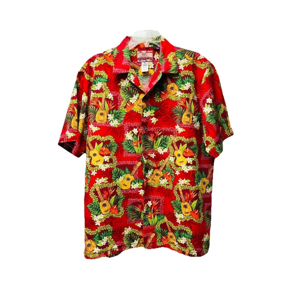 VTG RJC XL Red Ukelele Hawaiian Shirt Floral Luau Tropical Island Cruise Beach